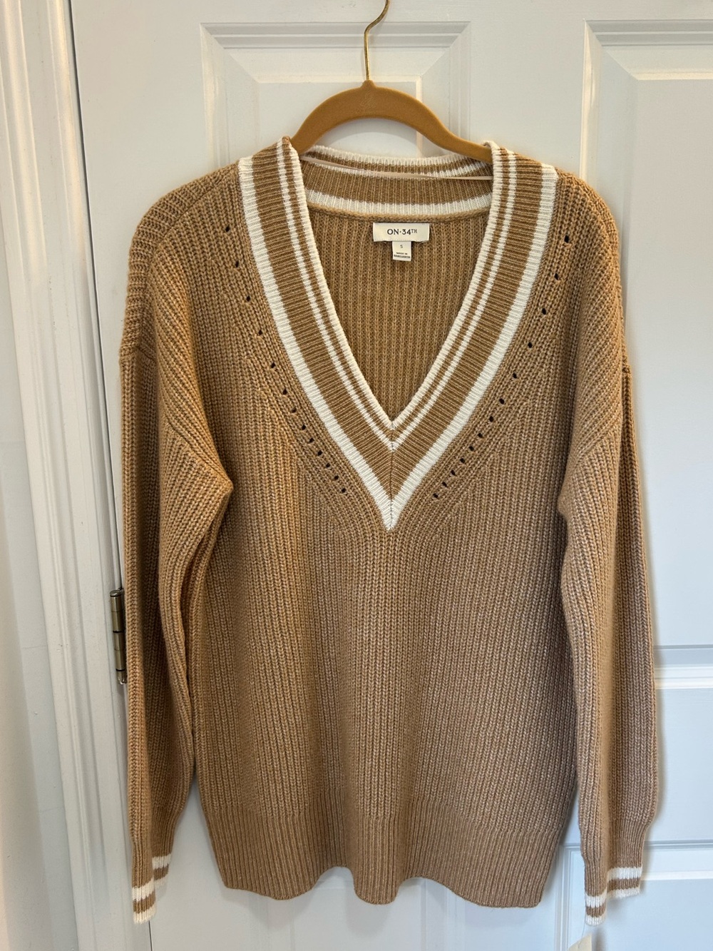 Brand-New With Tags!!! Tan V-Neck Knit Sweater with White Stripe